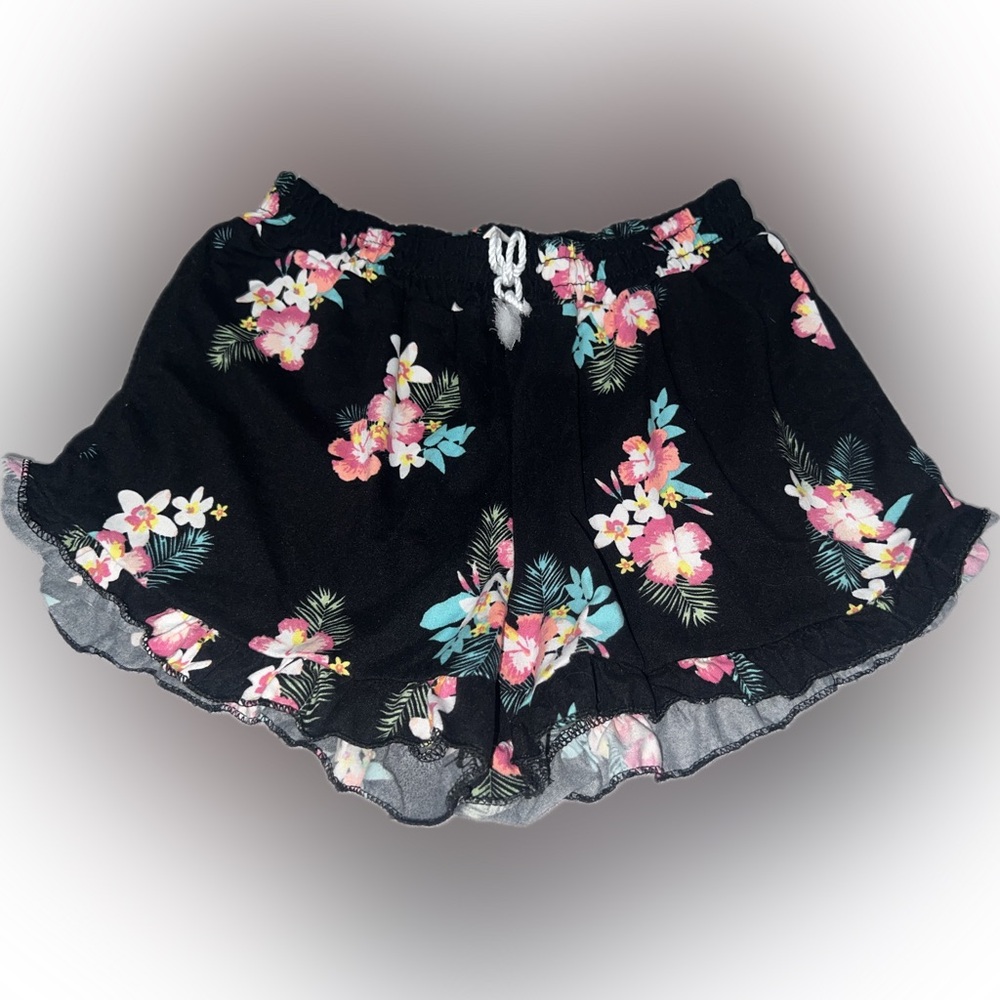 One Step Ahead Black and Pink Floral Lace Trim Shorts